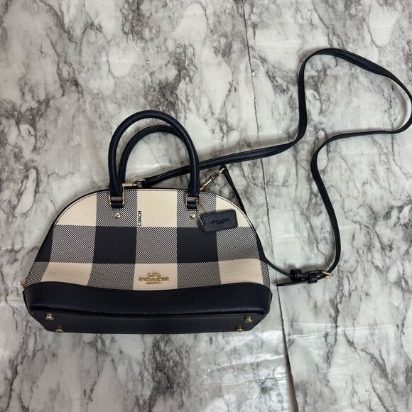 Coach Mini Sierra Buffalo Plaid Handbag top handle crossbody strap black cream - Picture 1 of 9